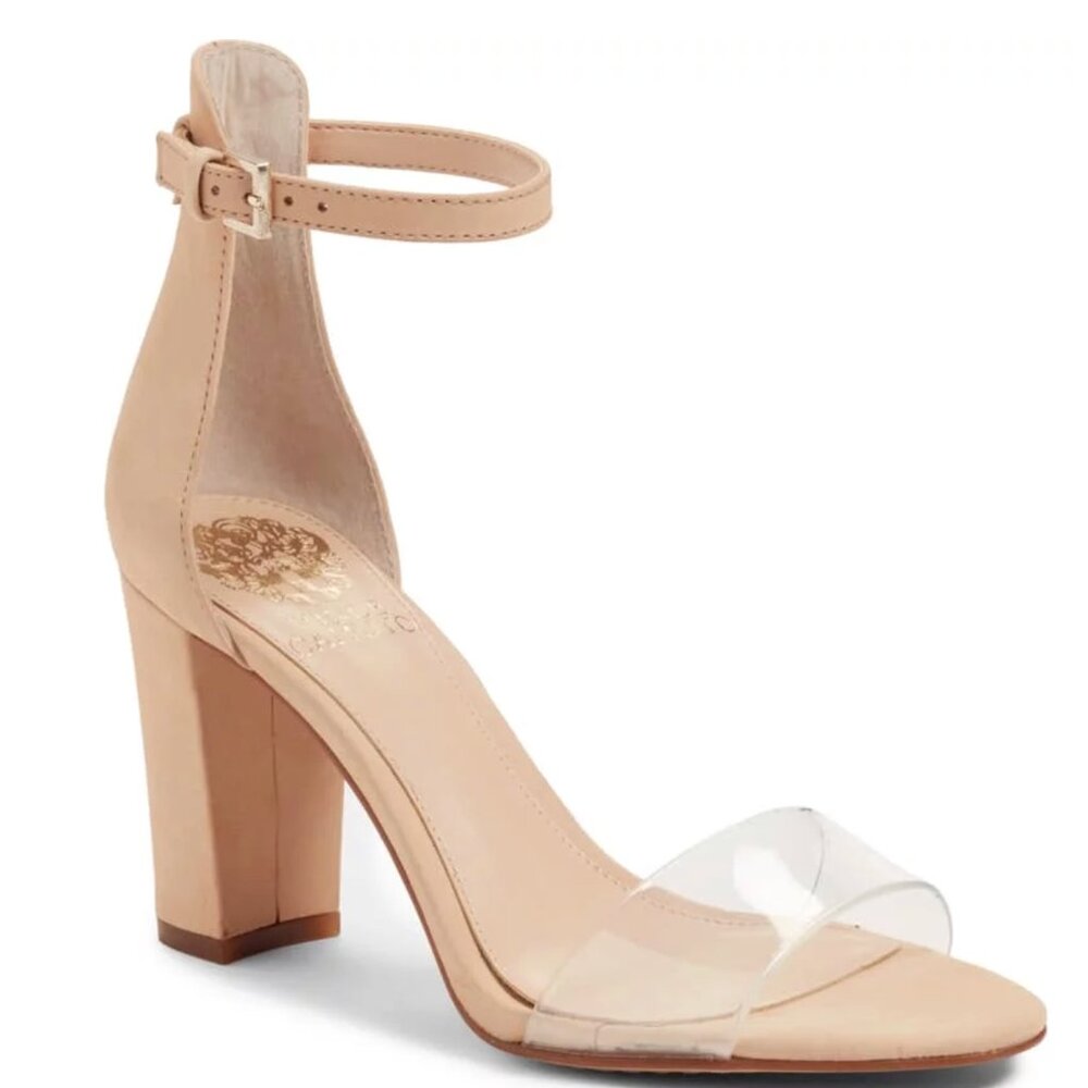 Vince Camuto Corlina Sandal in Nude/Clear | Leather Block Heel | Sz. 8